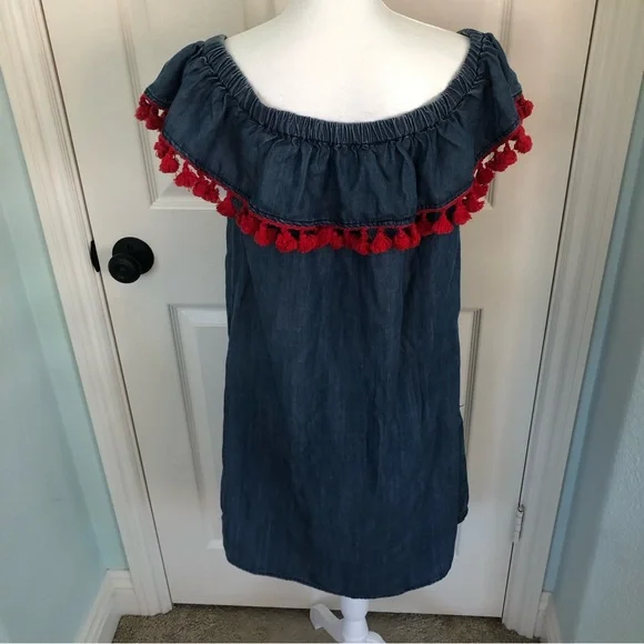 Saks Fifth Avenue | Dresses | Saks Fifth Avenue Denim Dress With Red Tassels  Pompoms | Poshmark